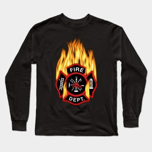 Flaming Red Firefighter Badge Long Sleeve T-Shirt